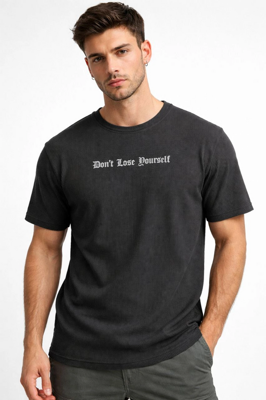 ASSEMA Erkek Wafıl Kumaş Tişört Regular Kalıp Bisiklet Yaka Baskılı Günlük Basic T-Shirt - Siyah