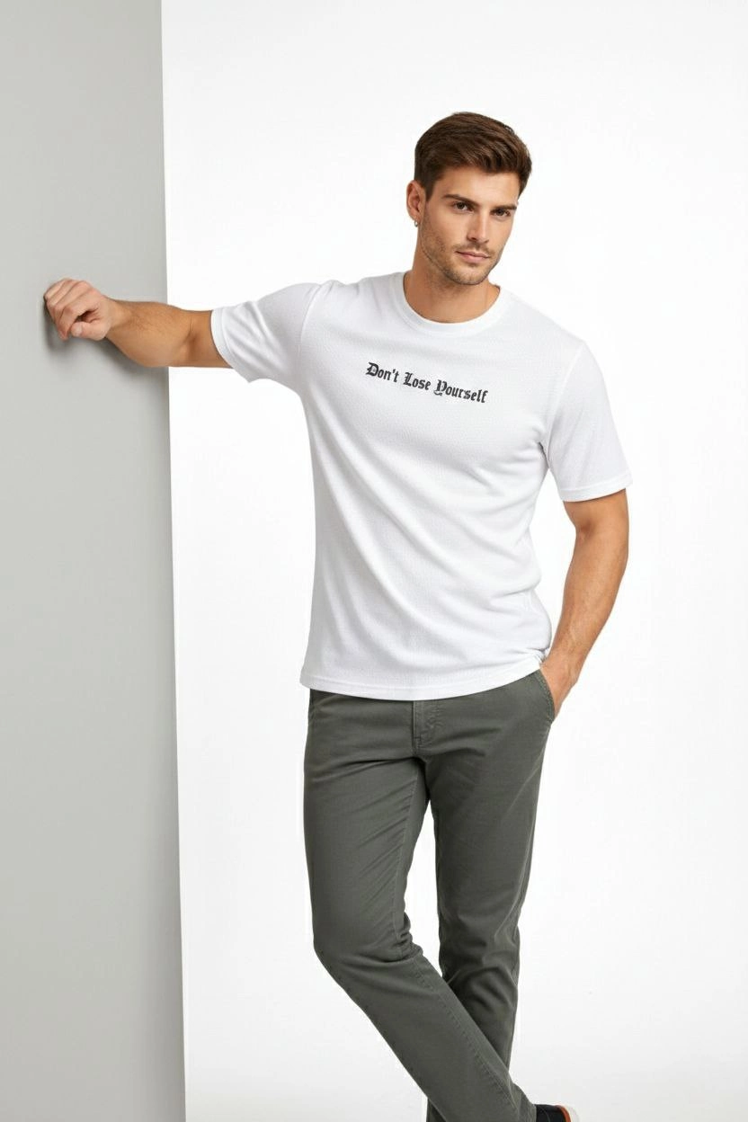 ASSEMA Erkek Wafıl Kumaş Tişört Regular Kalıp Bisiklet Yaka Baskılı Günlük Basic T-Shirt - Beyaz