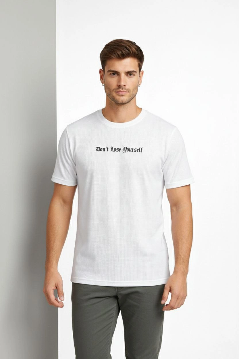 ASSEMA Erkek Wafıl Kumaş Tişört Regular Kalıp Bisiklet Yaka Baskılı Günlük Basic T-Shirt - Beyaz