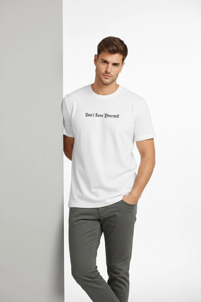 ASSEMA Erkek Wafıl Kumaş Tişört Regular Kalıp Bisiklet Yaka Baskılı Günlük Basic T-Shirt - Beyaz