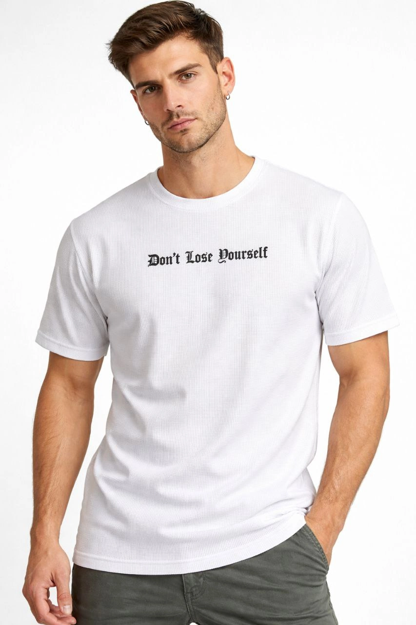 ASSEMA Erkek Wafıl Kumaş Tişört Regular Kalıp Bisiklet Yaka Baskılı Günlük Basic T-Shirt - Beyaz