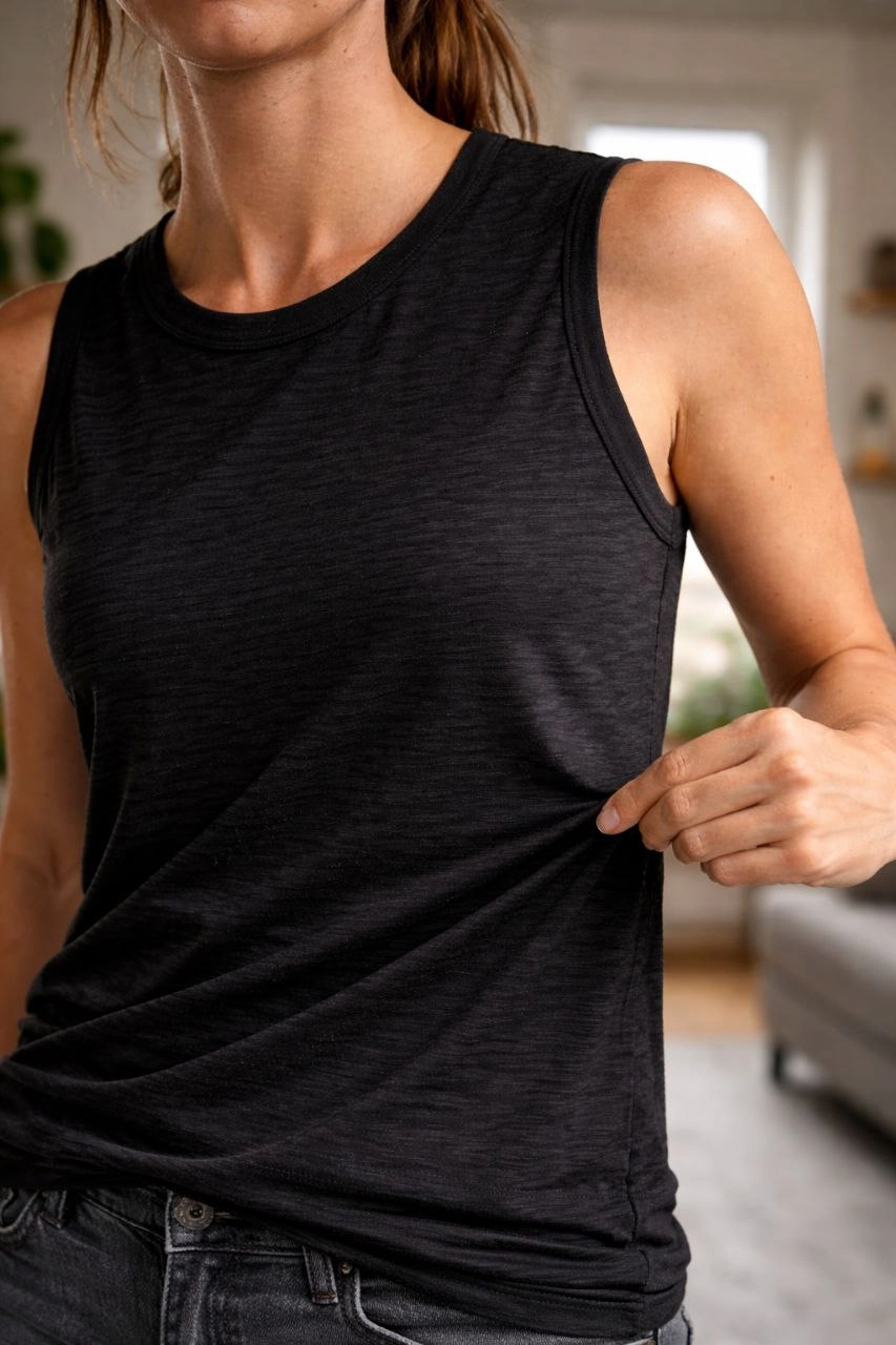 ASSEMA Kadın Flamlı Kumaş Sıfır Kolsuz Atlet Basic Spor Üst, Günlük ve Fitness Kullanımına Uygun - Siyah