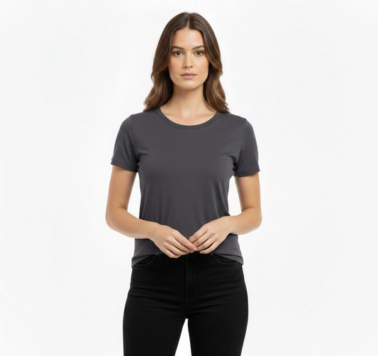 ASSEMA Kadın T-Shirt Bisiklet Yaka Slim Fit Likralı Tişört Günlük Basic Body - Füme