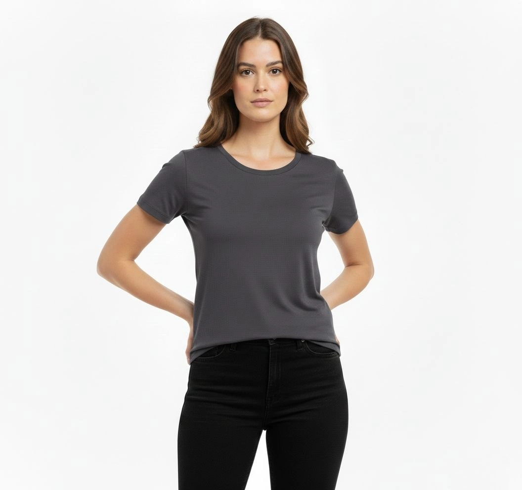 ASSEMA Kadın T-Shirt Bisiklet Yaka Slim Fit Likralı Tişört Günlük Basic Body - Füme