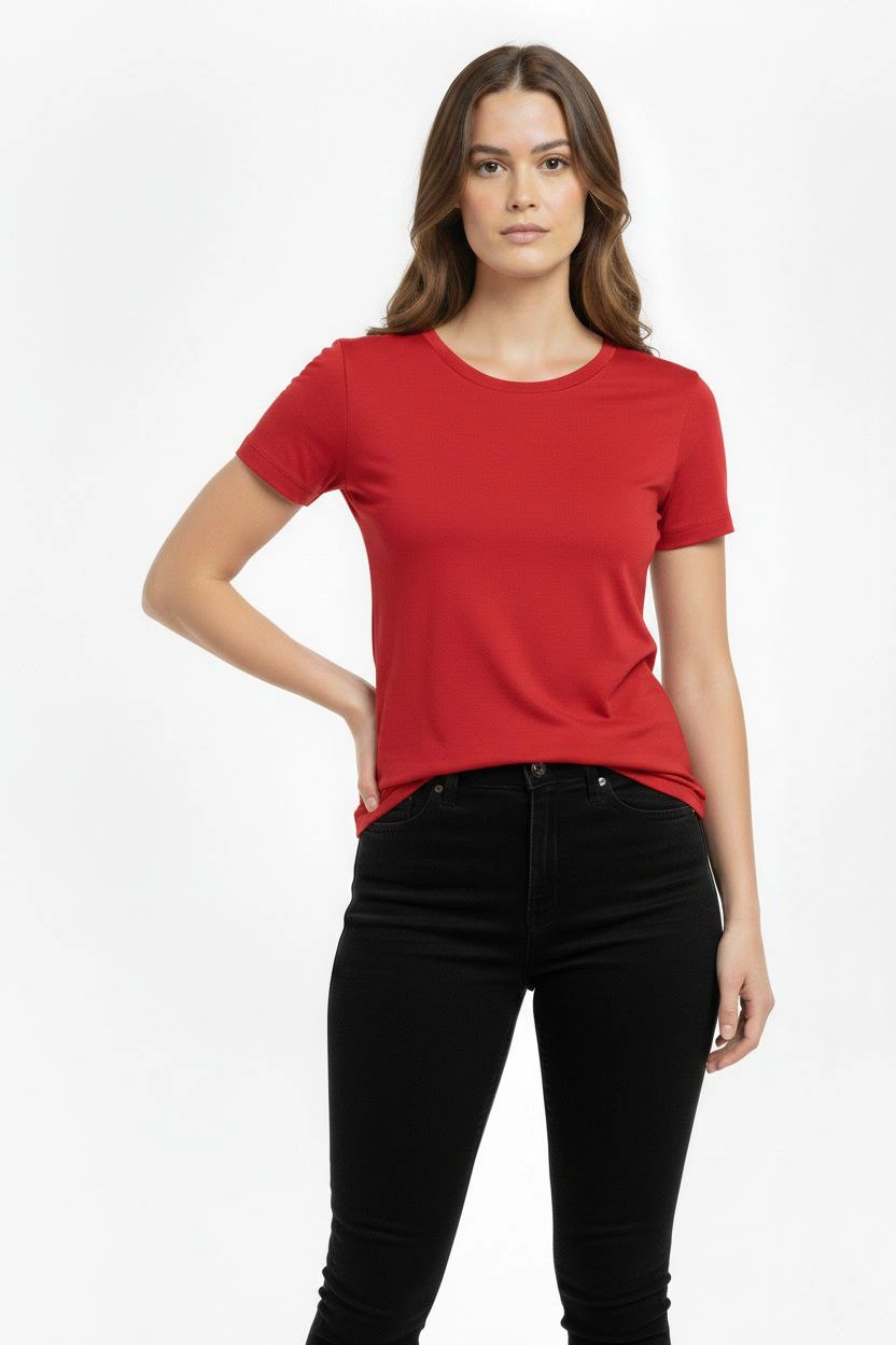 ASSEMA Kadın Bisiklet Yaka Slim Fit Likralı Tişört - Kırmızı