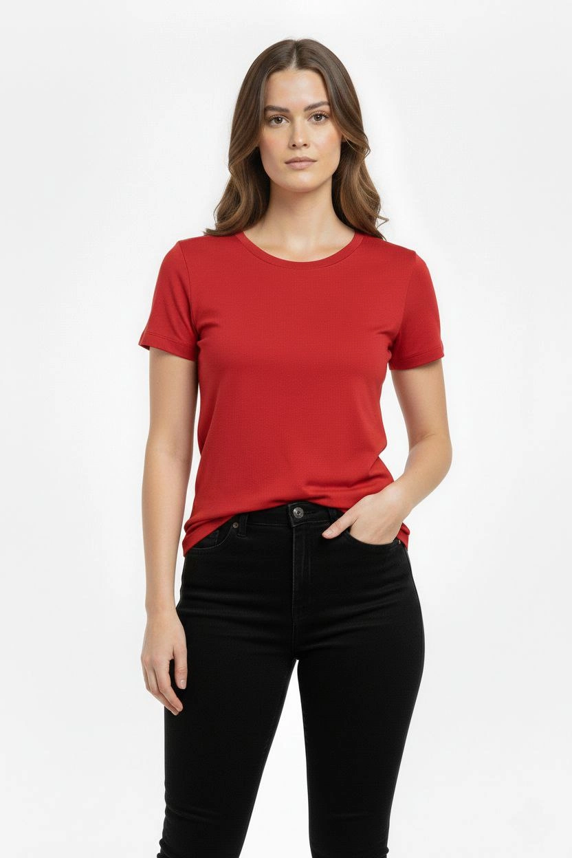 ASSEMA Kadın Bisiklet Yaka Slim Fit Likralı Tişört - Kırmızı