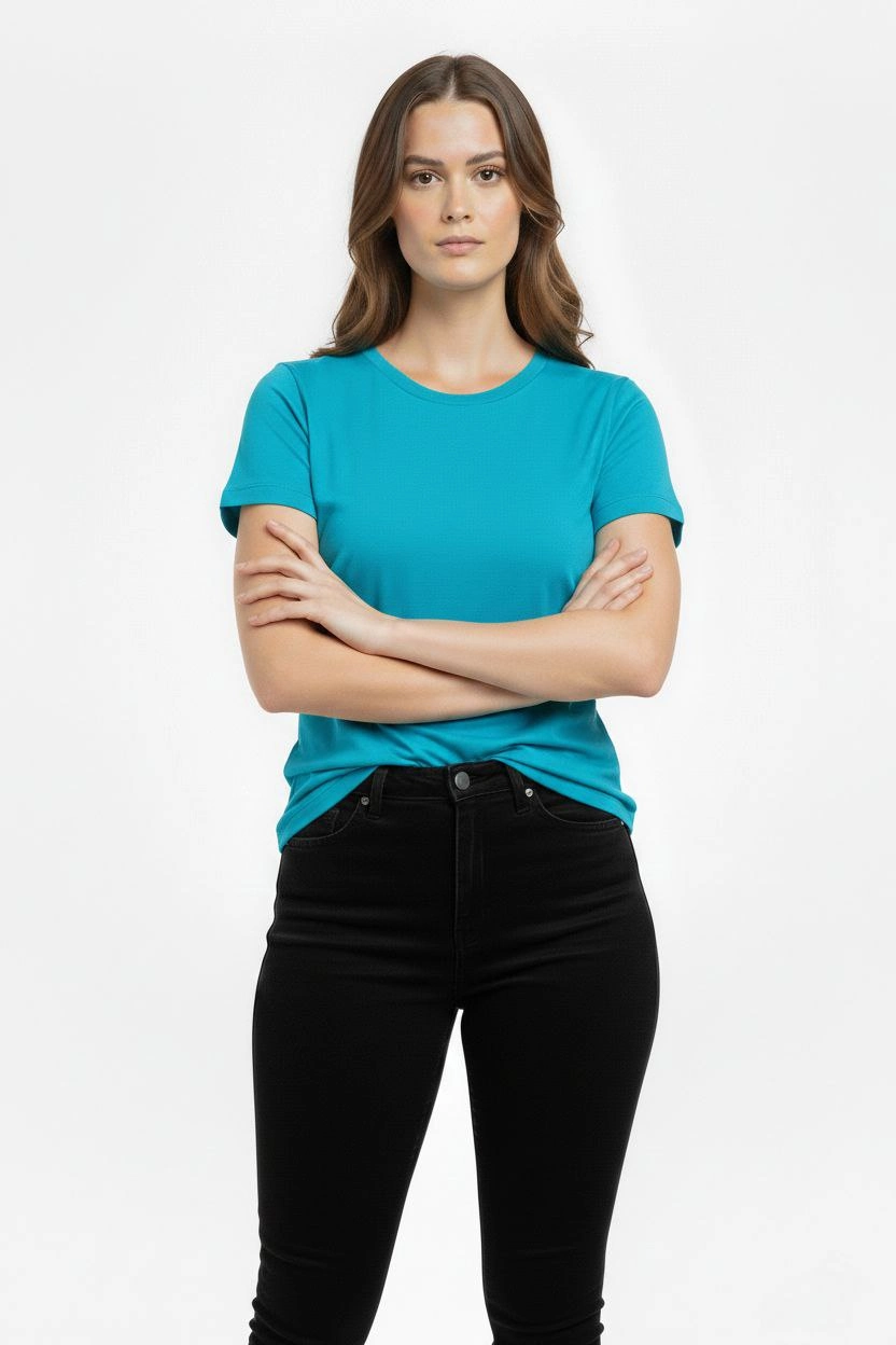 ASSEMA Kadın Bisiklet Yaka Slim Fit Likralı Tişört - Turkuvaz