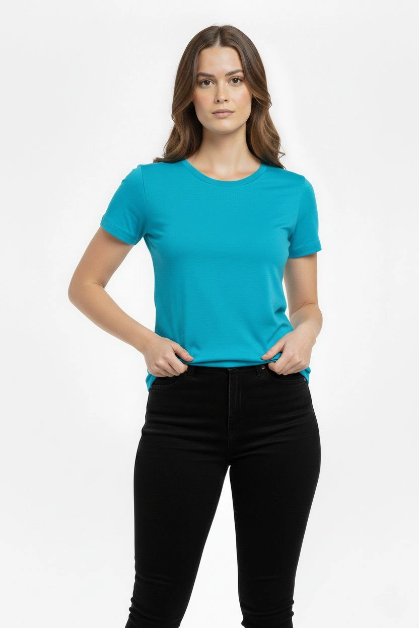 ASSEMA Kadın Bisiklet Yaka Slim Fit Likralı Tişört - Turkuvaz
