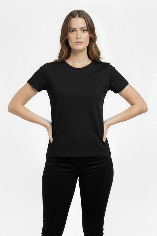 ASSEMA Kadın T-Shirt Bisiklet Yaka Slim Fit Likralı Tişört Günlük Basic Body - Siyah