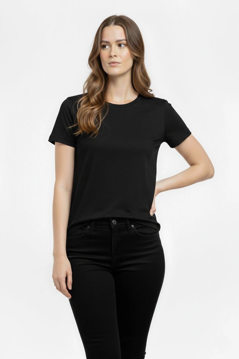 ASSEMA Kadın T-Shirt Bisiklet Yaka Slim Fit Likralı Tişört Günlük Basic Body - Siyah