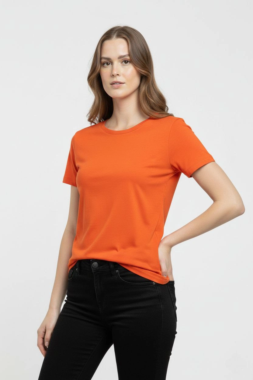 ASSEMA Kadın Bisiklet Yaka Slim Fit Likralı Tişört - Turuncu