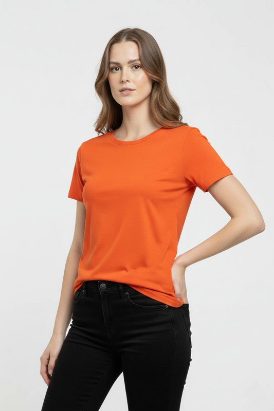 ASSEMA Kadın Bisiklet Yaka Slim Fit Likralı Tişört - Turuncu