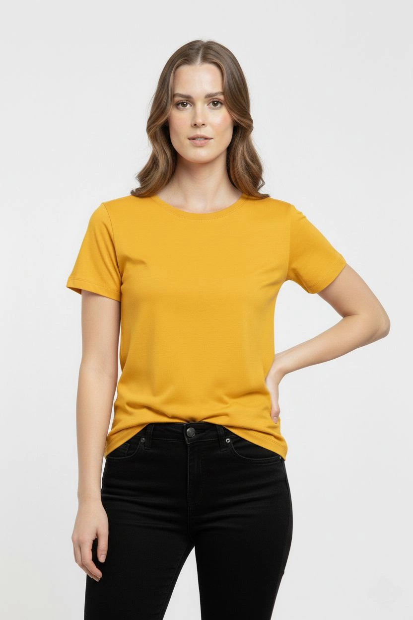 ASSEMA Kadın Bisiklet Yaka Slim Fit Likralı Tişört - Sarı