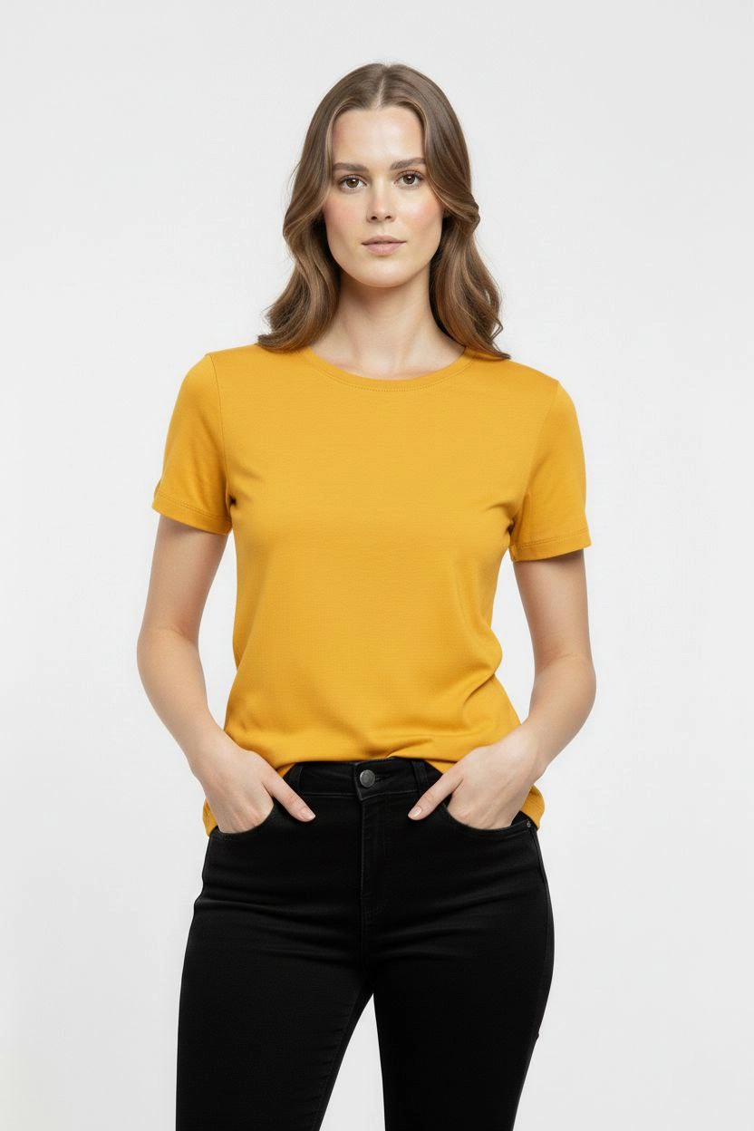 ASSEMA Kadın Bisiklet Yaka Slim Fit Likralı Tişört - Sarı