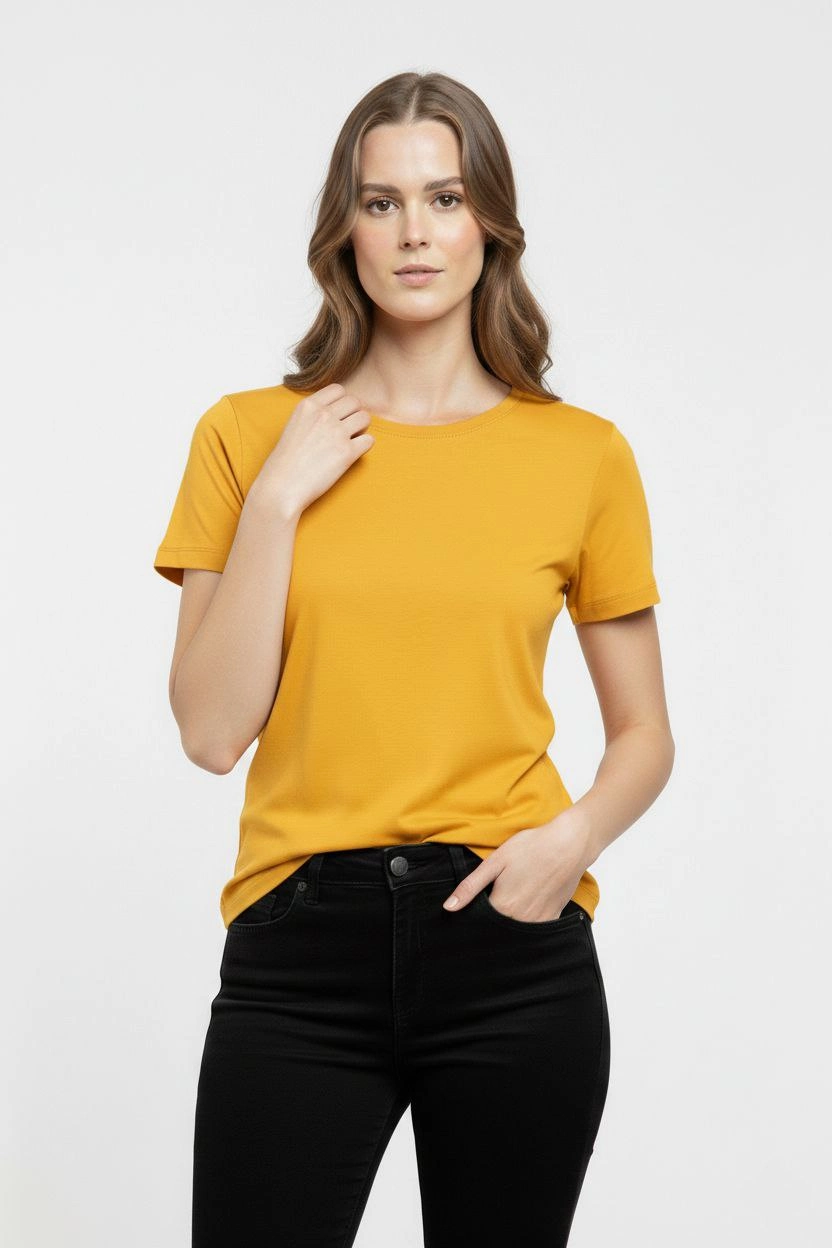 ASSEMA Kadın Bisiklet Yaka Slim Fit Likralı Tişört - Sarı