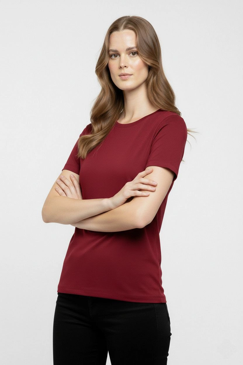 ASSEMA Kadın Bisiklet Yaka Slim Fit Likralı Tişört - Bordo