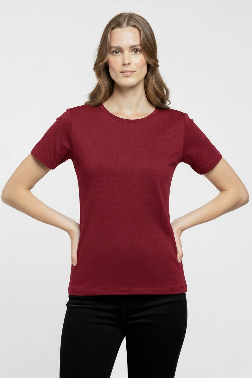 ASSEMA Kadın Bisiklet Yaka Slim Fit Likralı Tişört - Bordo