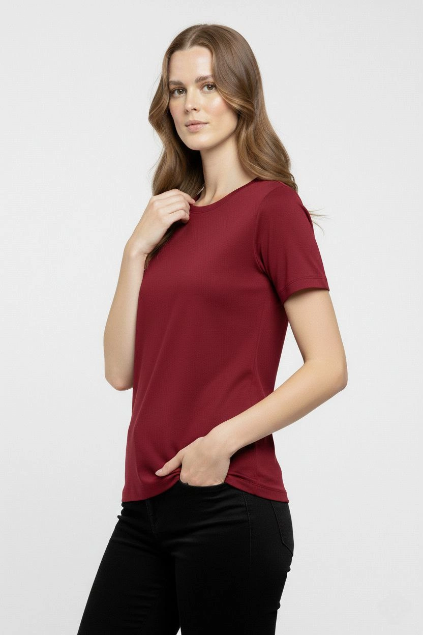ASSEMA Kadın Bisiklet Yaka Slim Fit Likralı Tişört - Bordo