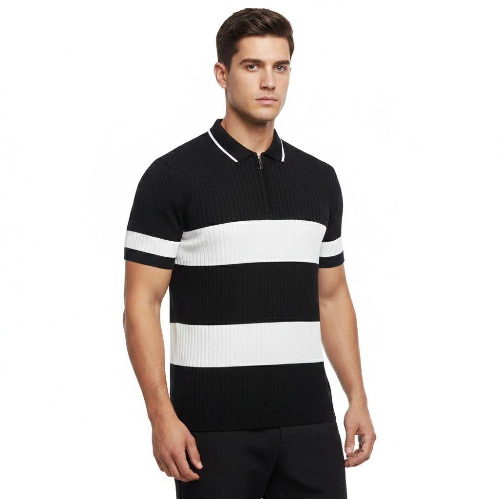 ASSEMA Erkek T-shirt Çizgili Triko Dokuma Kumaş Polo Yaka Yarım Fermuarlı Regular Kalıp Tişört - Siyah