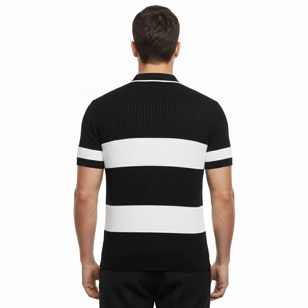 ASSEMA Erkek T-shirt Çizgili Triko Dokuma Kumaş Polo Yaka Yarım Fermuarlı Regular Kalıp Tişört - Siyah