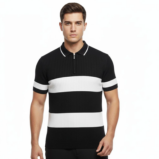 ASSEMA Erkek T-shirt Çizgili Triko Dokuma Kumaş Polo Yaka Yarım Fermuarlı Regular Kalıp Tişört - Siyah
