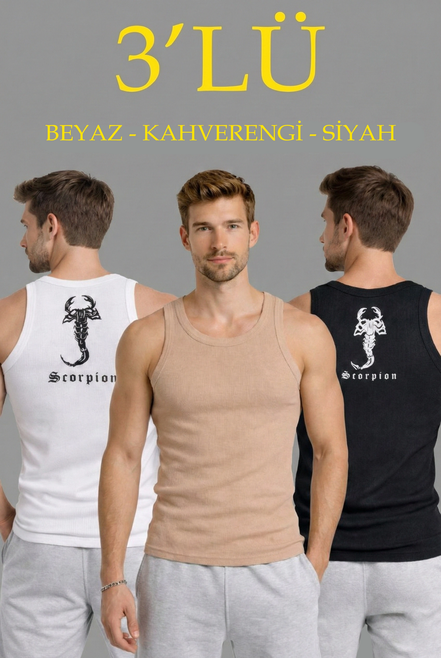 ASSEMA Erkek Spor Fitilli Atlet 3'lü Set Beyaz Siyah Kahverengi Slim Fit Kaşkorse Arka Baskılı