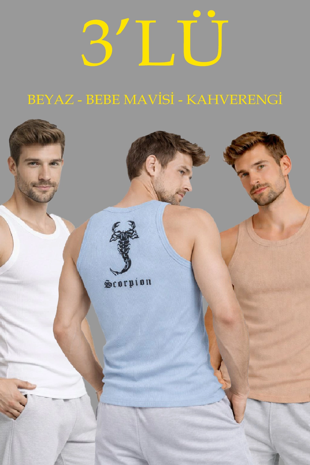 ASSEMA Erkek Spor Fitilli Atlet 3'lü Set Beyaz Bebek Mavisi Kahverengi Slim Fit Kaşkorse Arka