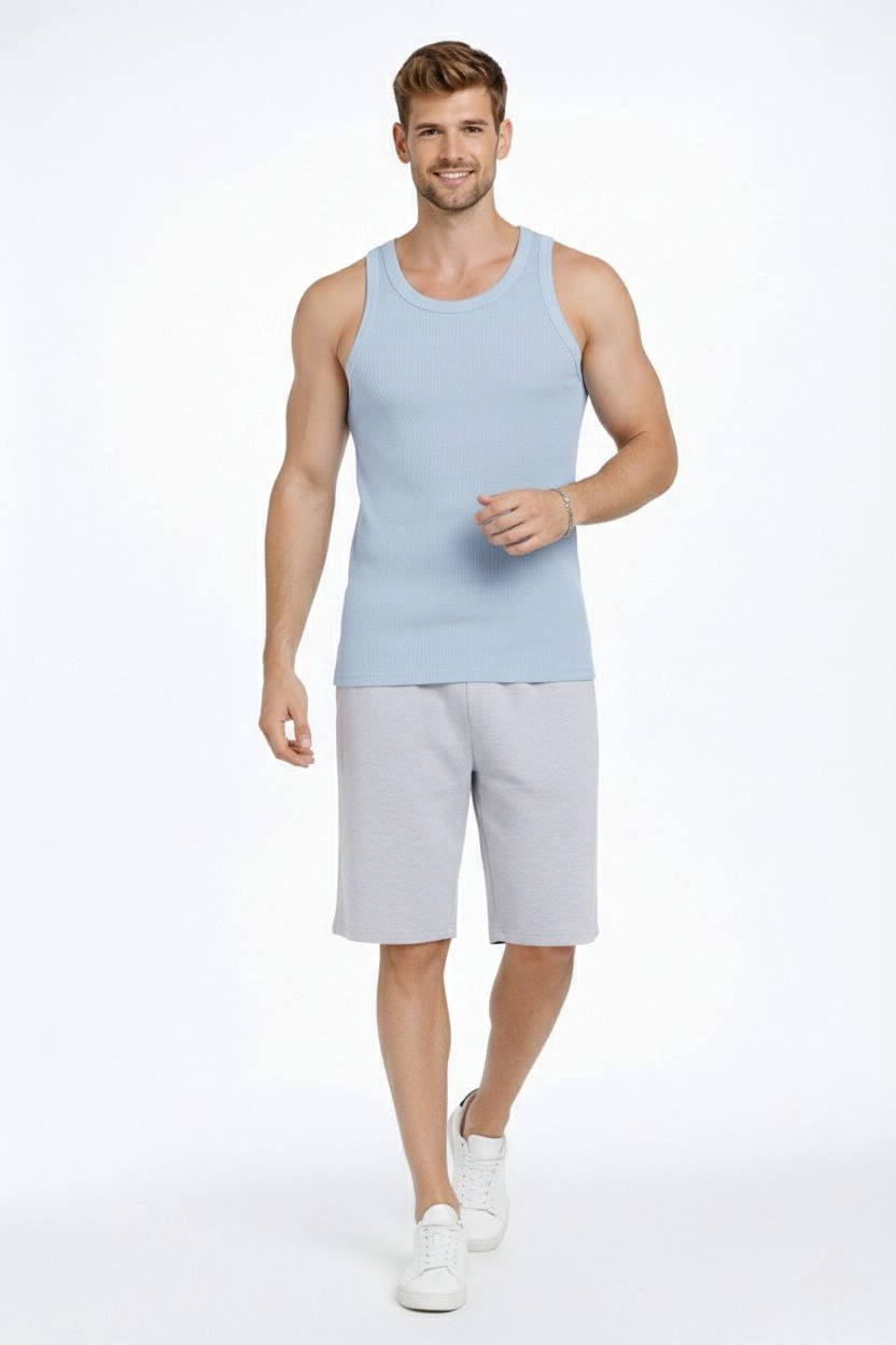 ASSEMA Erkek Spor Fitilli Atlet 3'lü Set Beyaz Bebek Mavisi Kahverengi Slim Fit Kaşkorse Arka