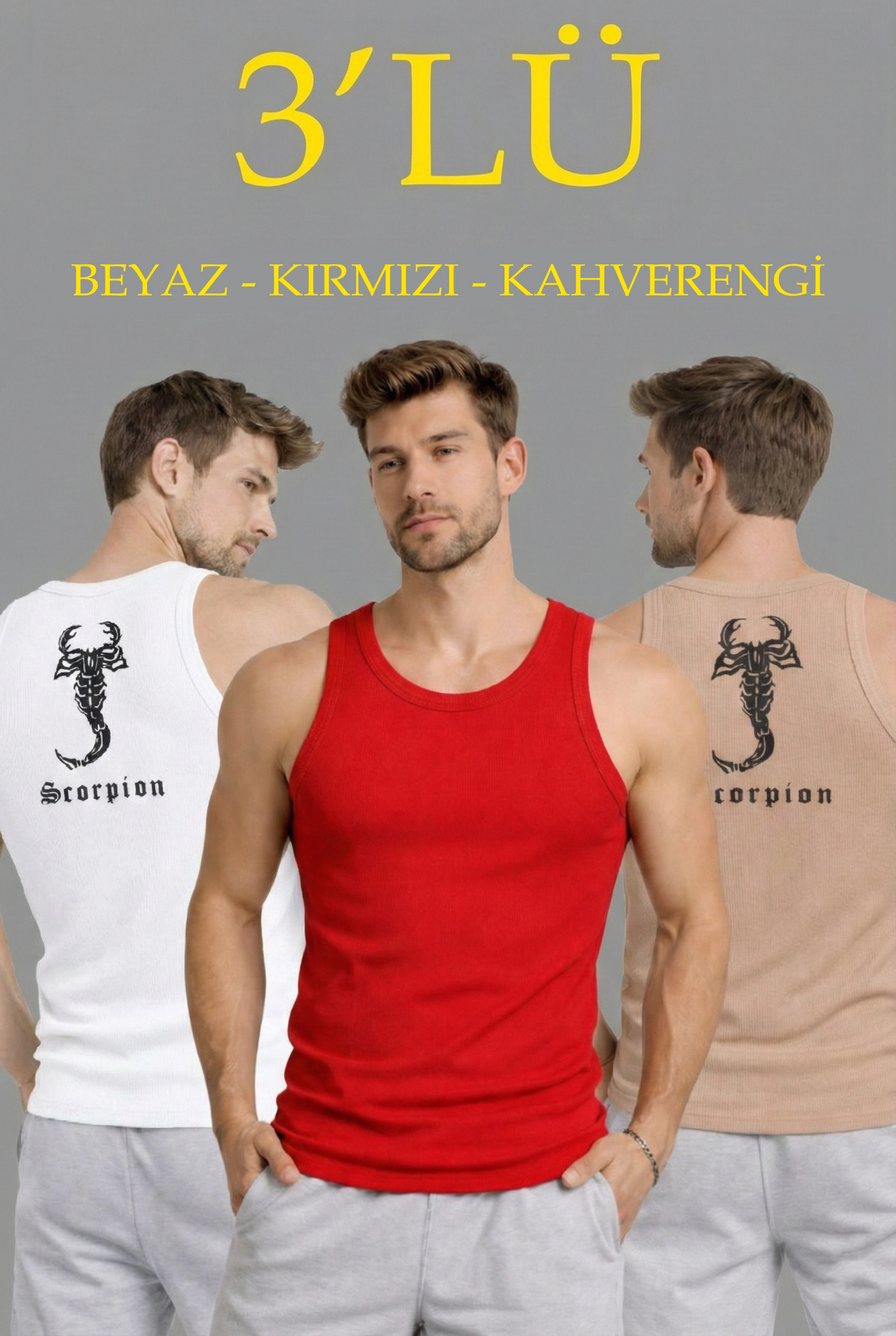 ASSEMA Erkek Spor Fitilli Atlet 3'lü Set Beyaz Kırmızı Kahverengi Slim Fit Kaşkorse Arka Baskılı