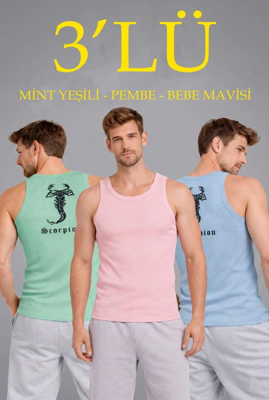 ASSEMA Erkek Spor Fitilli Atlet 3'lü Set Mint Yeşili Pembe Bebek Mavisi Slim Fit Kaşkorse Arka