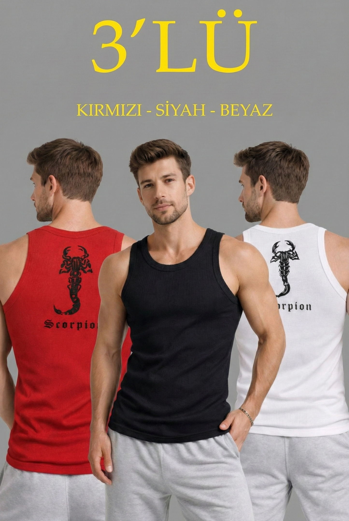 ASSEMA Erkek Spor Fitilli Atlet 3'lü Set Kırmızı, Siyah ve Beyaz Slim Fit Kaşkorse Arka Baskılı Spor Atlet