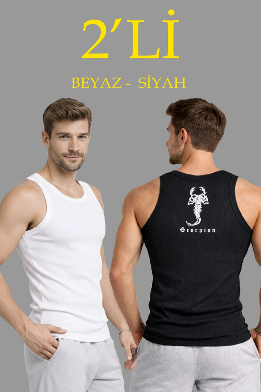 ASSEMA Erkek Spor Fitilli Atlet 2'li Set Siyah ve Beyaz Slim Fit Kaşkorse Arka Baskılı Spor Atlet