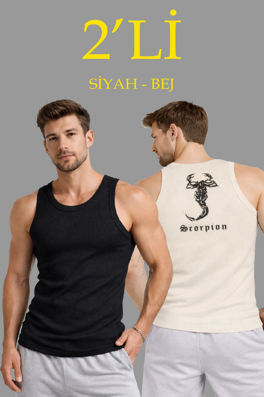 ASSEMA Erkek Spor Fitilli Atlet 2'li Set Siyah ve Bej Slim Fit Kaşkorse Arka Baskılı Spor Atlet
