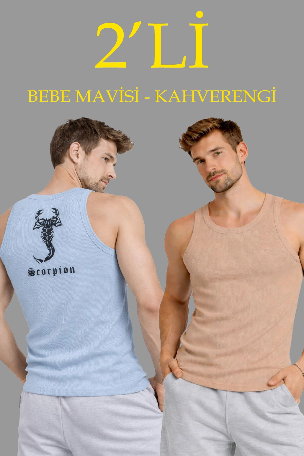 ASSEMA Erkek Spor Fitilli Atlet 2'li Set Kahverengi Bebek Mavisi Slim Fit Kaşkorse Arka Baskılı
