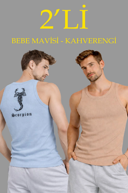 ASSEMA Erkek Spor Fitilli Atlet 2'li Set Kahverengi Bebek Mavisi Slim Fit Kaşkorse Arka Baskılı