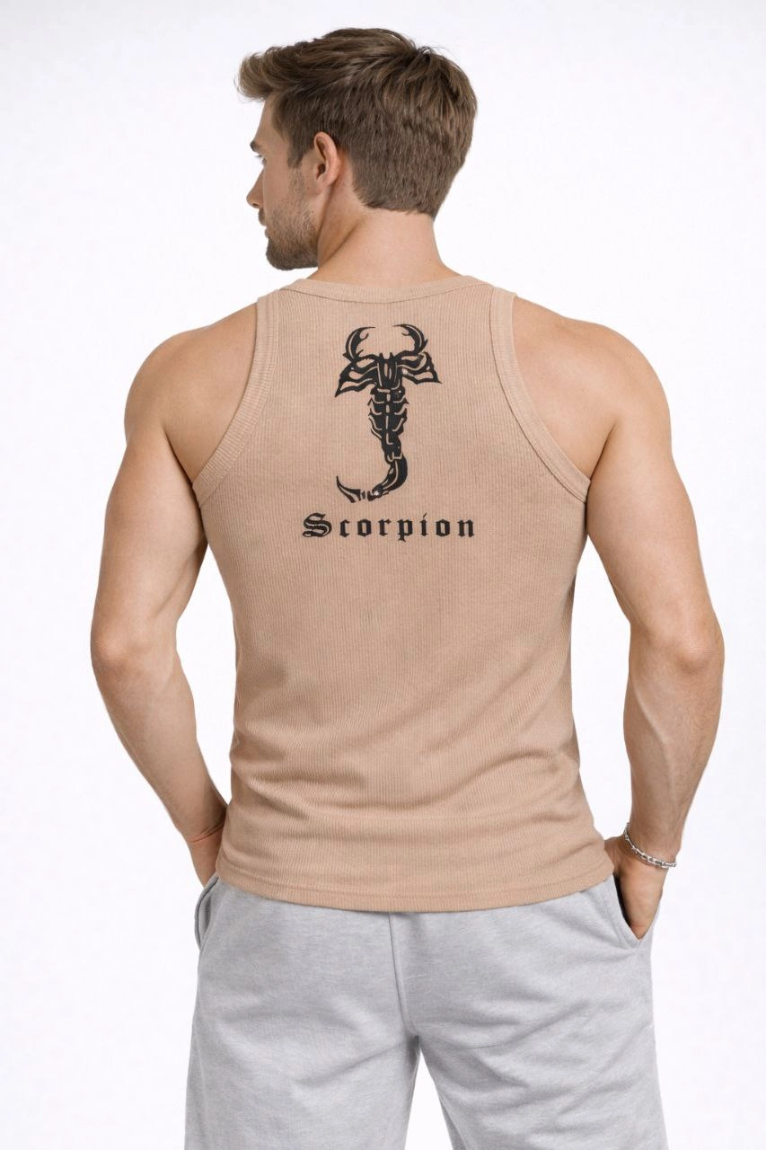 ASSEMA Erkek Spor Fitilli Atlet 2'li Set Kahverengi ve Beyaz Slim Fit Kaşkorse Arka Baskılı Spor Atlet