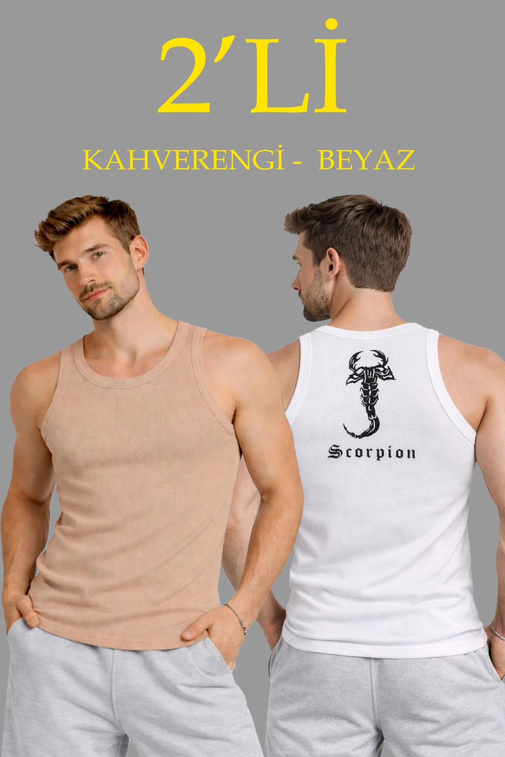 ASSEMA Erkek Spor Fitilli Atlet 2'li Set Kahverengi ve Beyaz Slim Fit Kaşkorse Arka Baskılı Spor Atlet