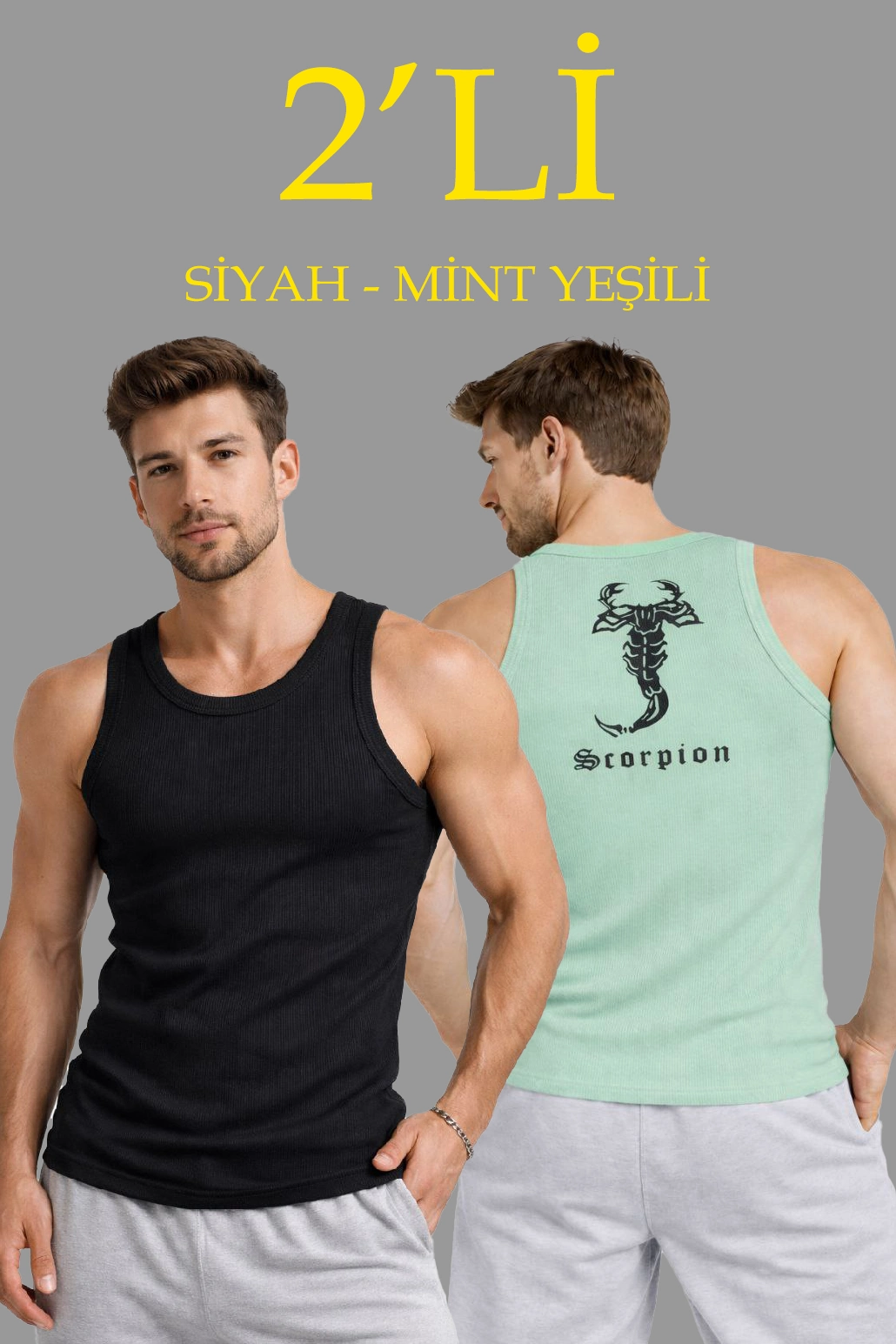 ASSEMA Erkek Spor Fitilli Atlet 2'li Set Siyah ve Mint Yeşili Slim Fit Kaşkorse Arka Baskılı Spor Atlet