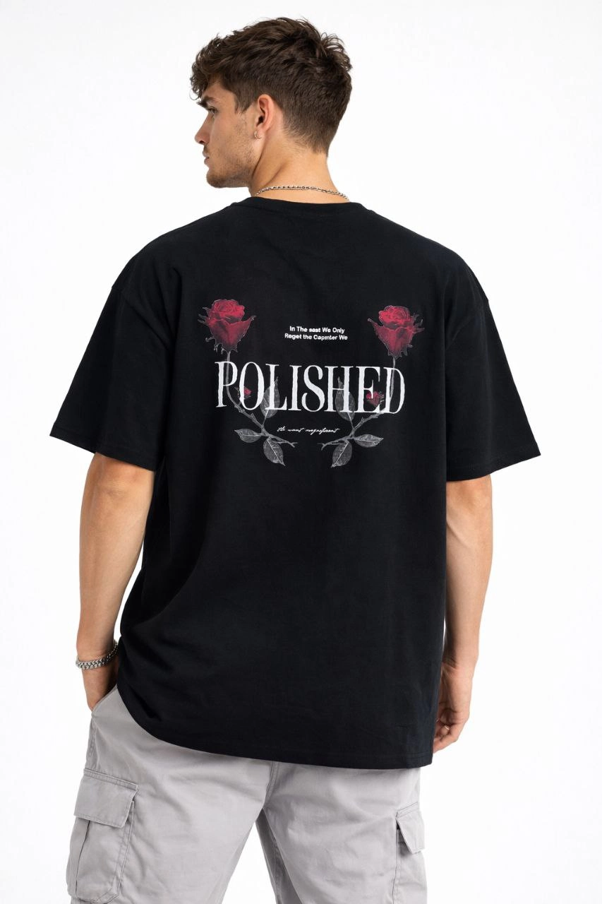 ASSEMA Erkek Bisiklet Yaka Baskılı  Kısa Kollu Tişört Streetwear Günlük Basic Pamuklu T-shirt - Siyah