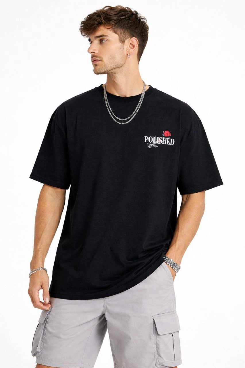 ASSEMA Erkek Bisiklet Yaka Baskılı  Kısa Kollu Tişört Streetwear Günlük Basic Pamuklu T-shirt - Siyah
