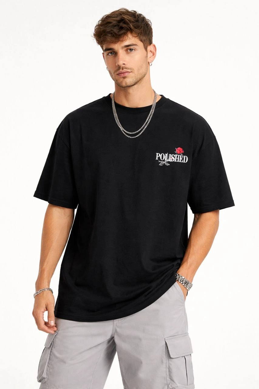 ASSEMA Erkek Bisiklet Yaka Baskılı  Kısa Kollu Tişört Streetwear Günlük Basic Pamuklu T-shirt - Siyah