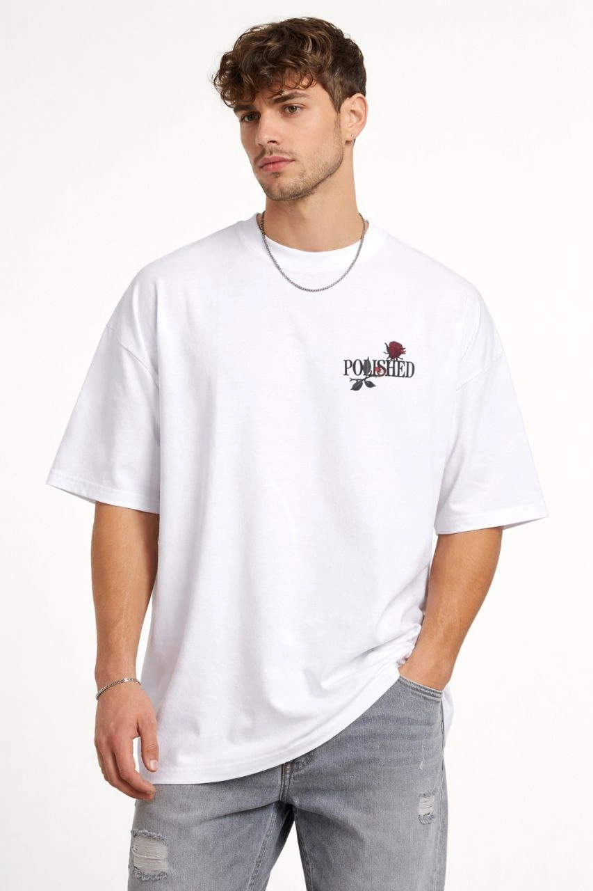 ASSEMA Erkek Bisiklet Yaka Baskılı Kısa Kollu Tişört Streetwear Günlük Basic Pamuklu T-shirt - Beyaz