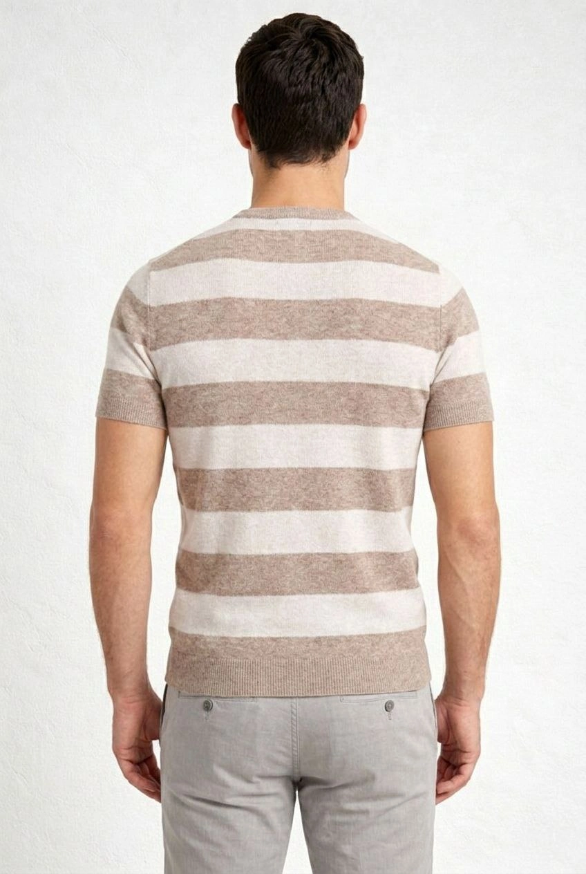 ASSEMA Erkek T-shirt Çizgili Triko Dokuma Bisiklet Yaka Tişört - Bej