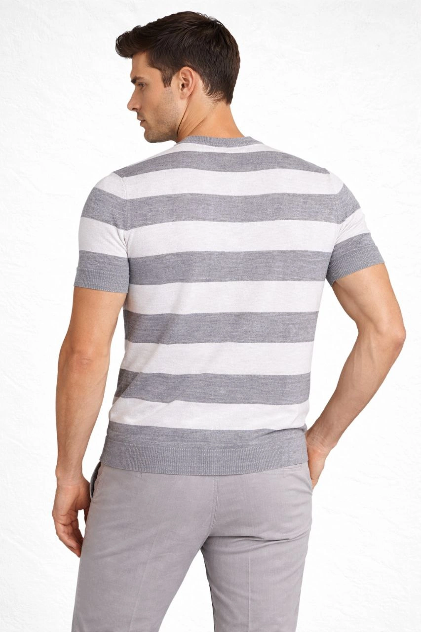 ASSEMA Erkek T-shirt Çizgili Triko Dokuma Bisiklet Yaka Tişört - Gri