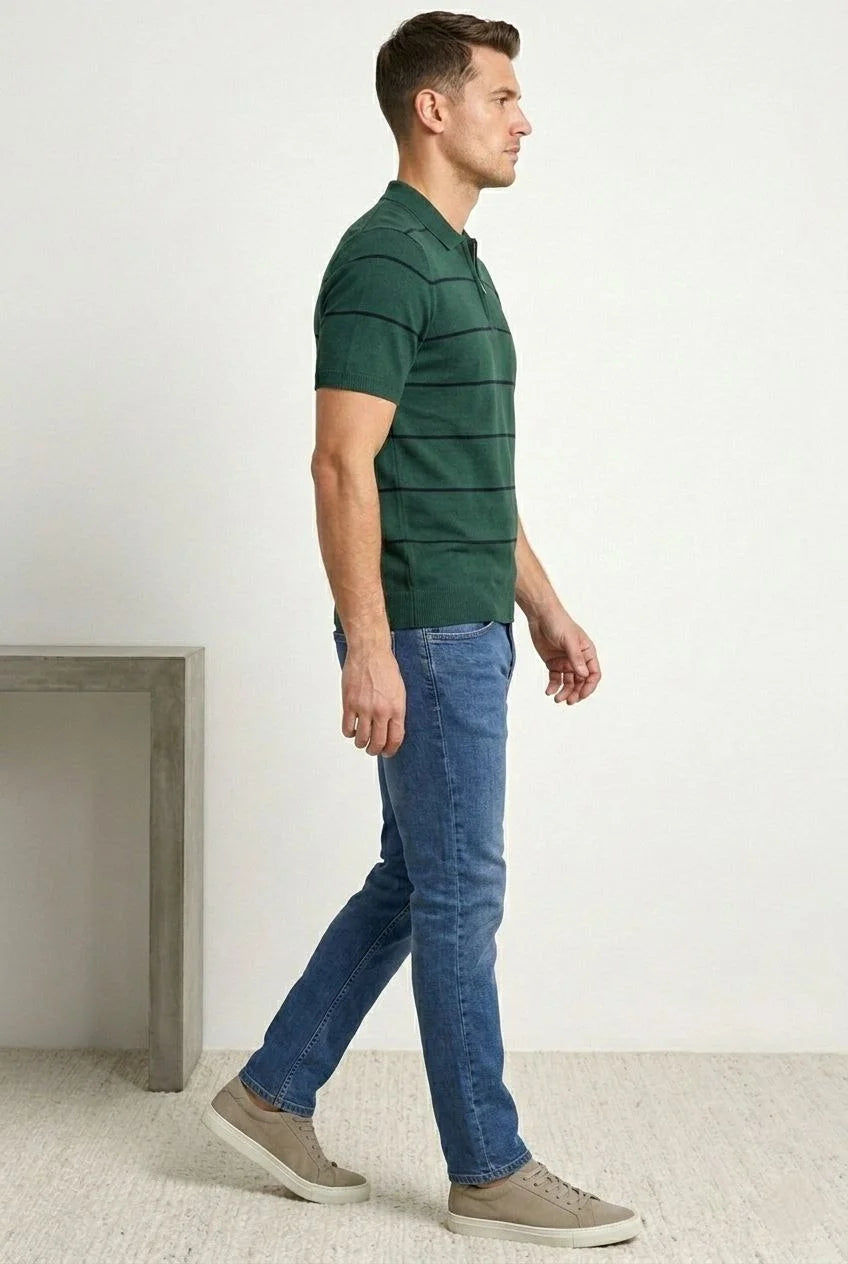 ASSEMA Erkek T-shirt Çizgili Triko Dokuma Kumaş Polo Yaka Fermuarlı Regular Kalıp Tişört - Çağla Yeşili