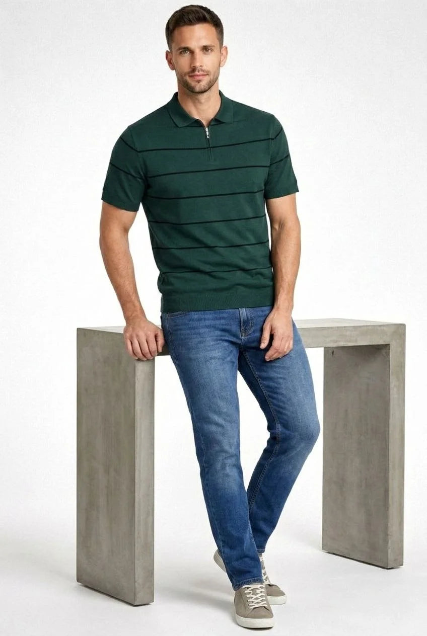 ASSEMA Erkek T-shirt Çizgili Triko Dokuma Kumaş Polo Yaka Fermuarlı Regular Kalıp Tişört - Çağla Yeşili