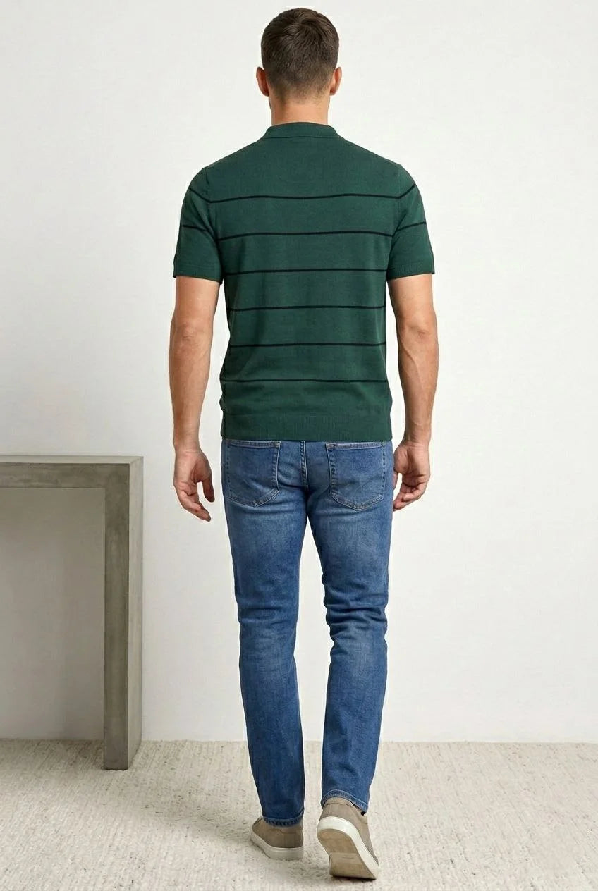 ASSEMA Erkek T-shirt Çizgili Triko Dokuma Kumaş Polo Yaka Fermuarlı Regular Kalıp Tişört - Çağla Yeşili