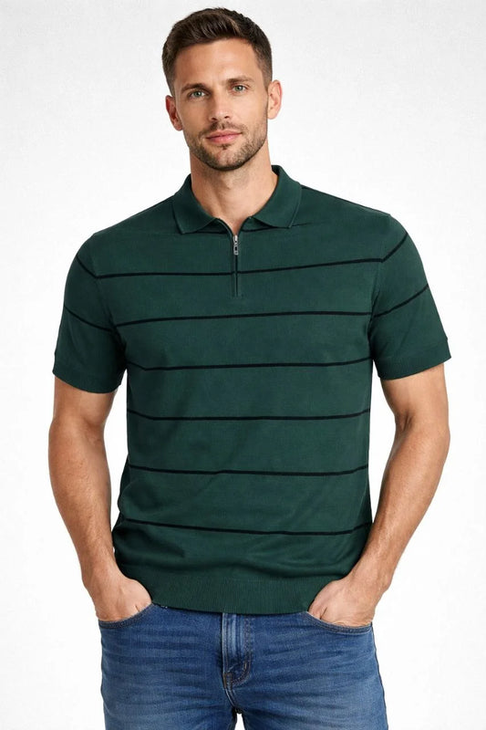 ASSEMA Erkek T-shirt Çizgili Triko Dokuma Kumaş Polo Yaka Fermuarlı Regular Kalıp Tişört - Çağla Yeşili