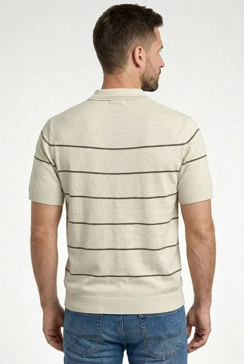 ASSEMA Erkek T-shirt Çizgili Triko Dokuma Kumaş Polo Yaka Yarım Fermuarlı Regular Kalıp Tişört - Bej