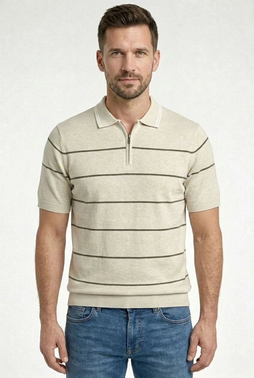 ASSEMA Erkek T-shirt Çizgili Triko Dokuma Kumaş Polo Yaka Yarım Fermuarlı Regular Kalıp Tişört - Bej